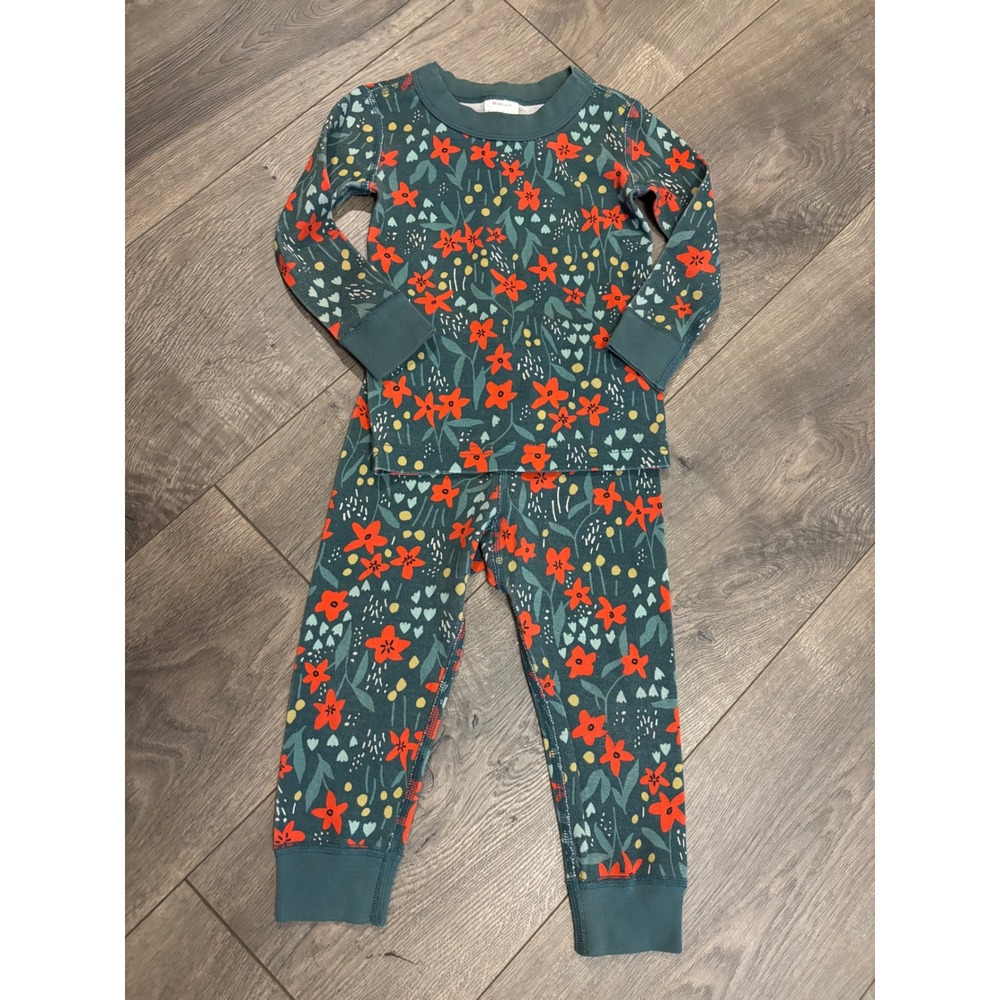 Hanna Andersson Kids 2T Organic Cotton Pajama Set Green Red Floral Snug Fit